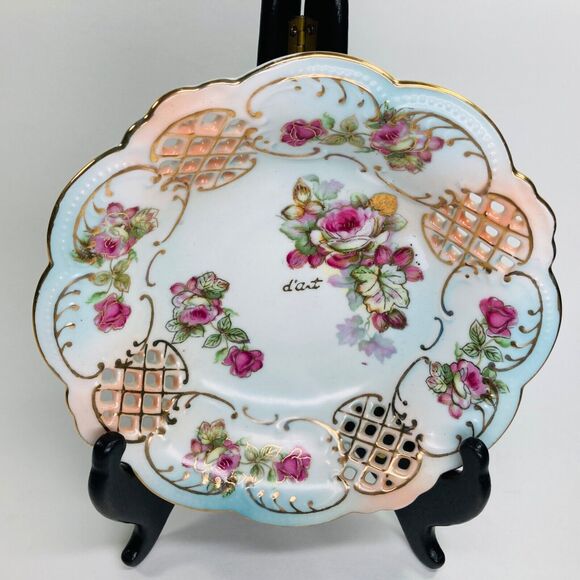 Vintage Limoges D’Art Porcelain Scalloped Floral Lattice Pedestal Bowl Dish